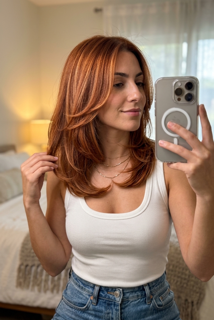 medium layered haircut in vibrant auburn with strawberry blonde highlights and face-framing layers