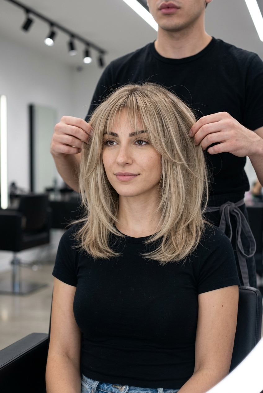 medium hush cut beige blonde with teasylights and wispy fringe for effortless chic
