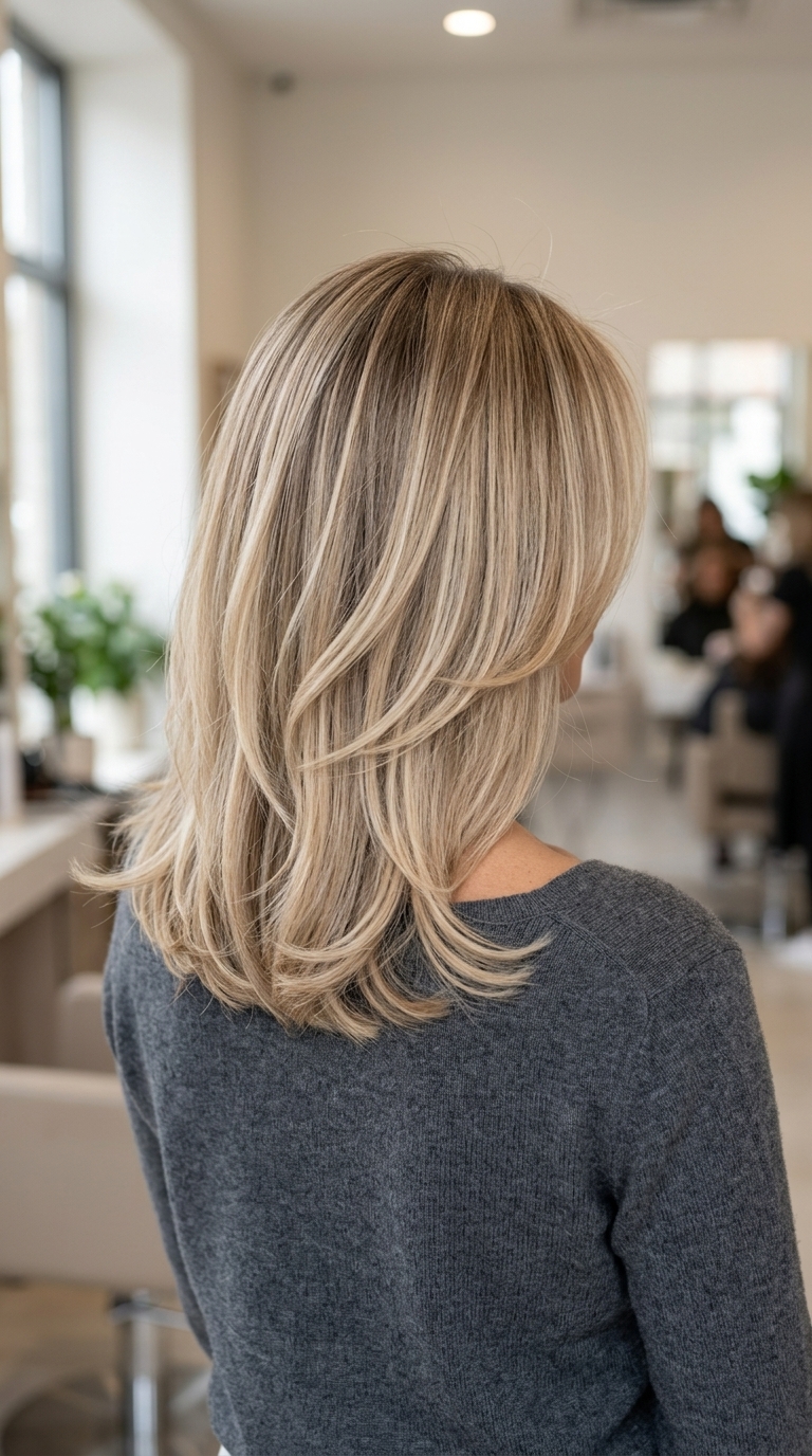 medium neutral beige blonde lob with cream babylights and chunky layers for party