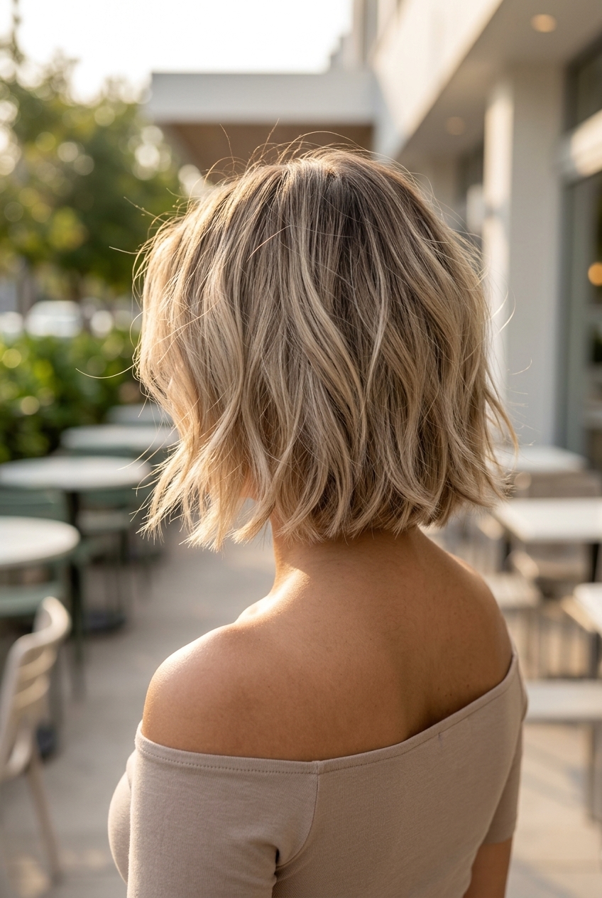 short bob haircut with beige-blonde, sandy lowlights and soft tousled texture for effortless