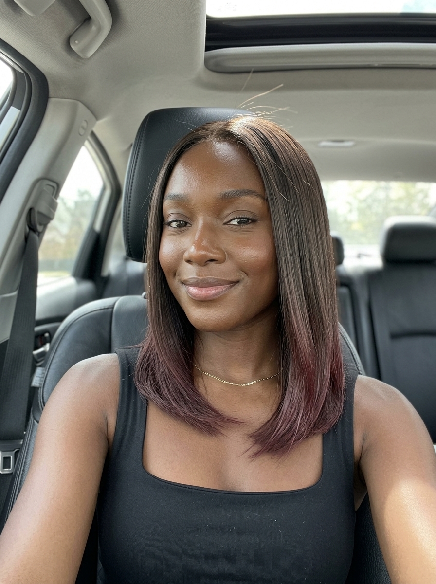 long espresso brunette hair color with sheer berry glazed ends, cool undertones, for summer