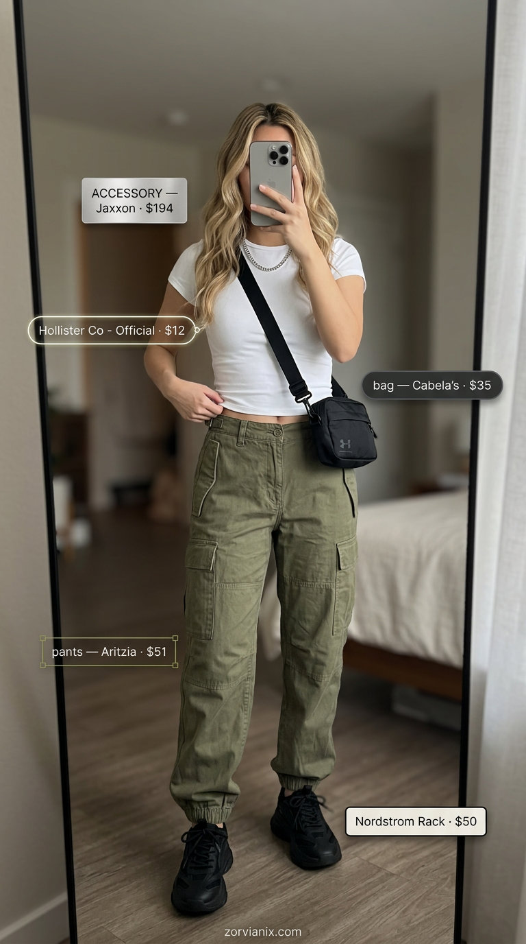 Cargo chic utility outfit for casual daytime with olive green cargo pants, white tee, and chunky sneakers.