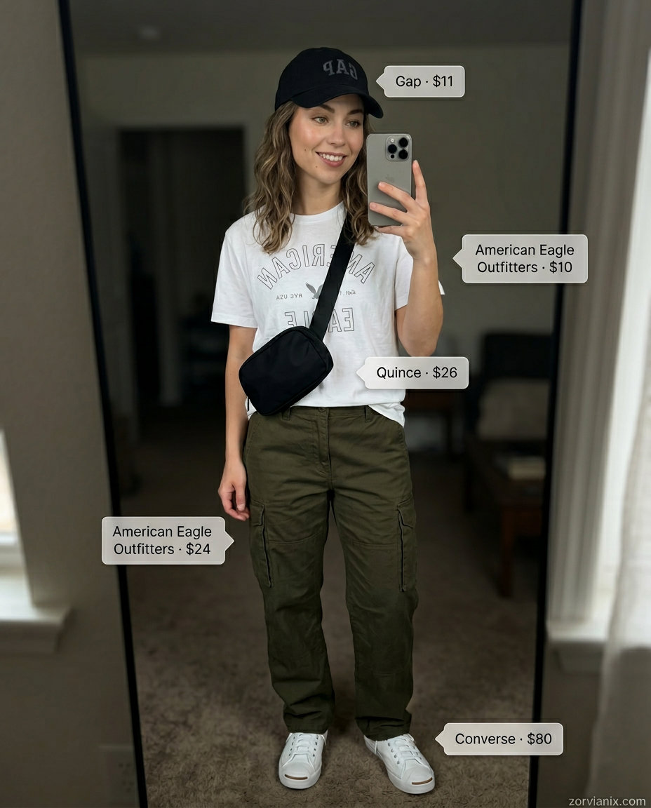 Casual olive green cargo pants outfit for errands with a graphic tee, black cap, and sneakers.