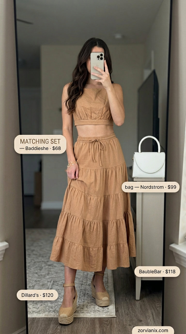 Coral linen-blend co-ord set for best summer outfits 2026. Chic garden party and brunch style.