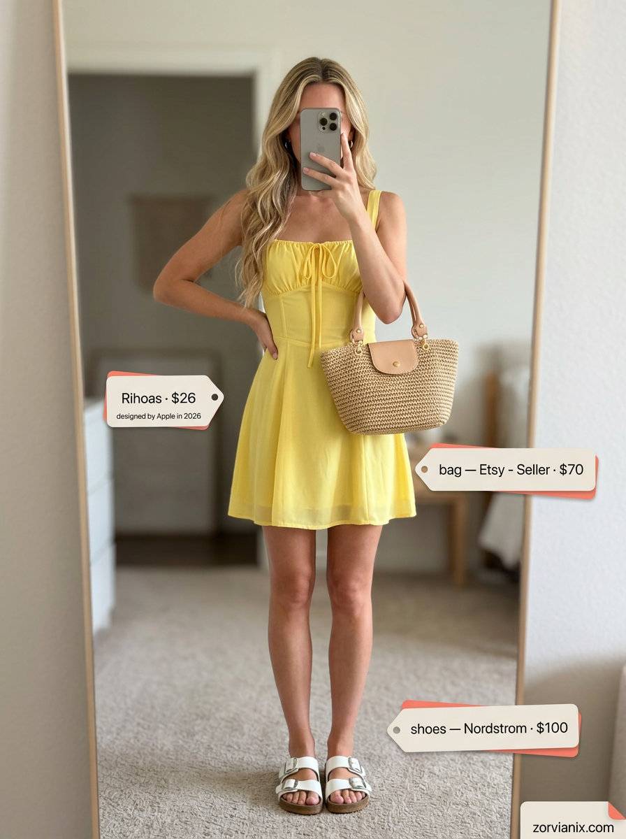 Bright lemon yellow mini dress with white sandals for best summer outfits 2026. Perfect for beach days.