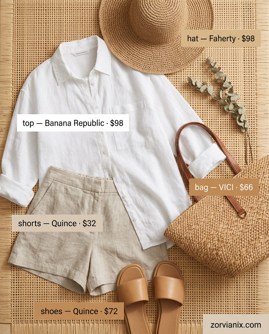 Linen shorts and oversized button-down shirt for best summer outfits 2026. Effortless beach day style.