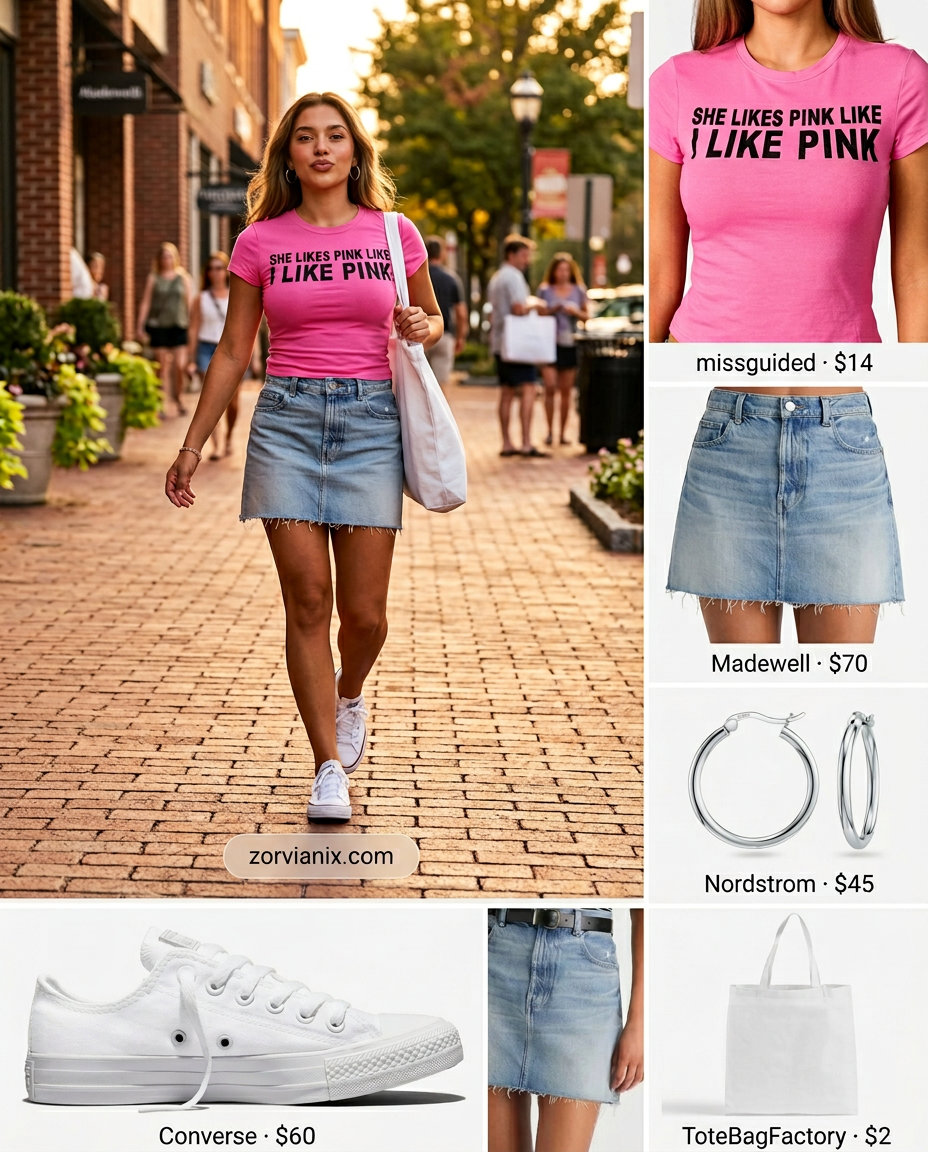 Playful denim mini skirt outfit with a hot pink graphic tee, canvas sneakers, and tote bag.