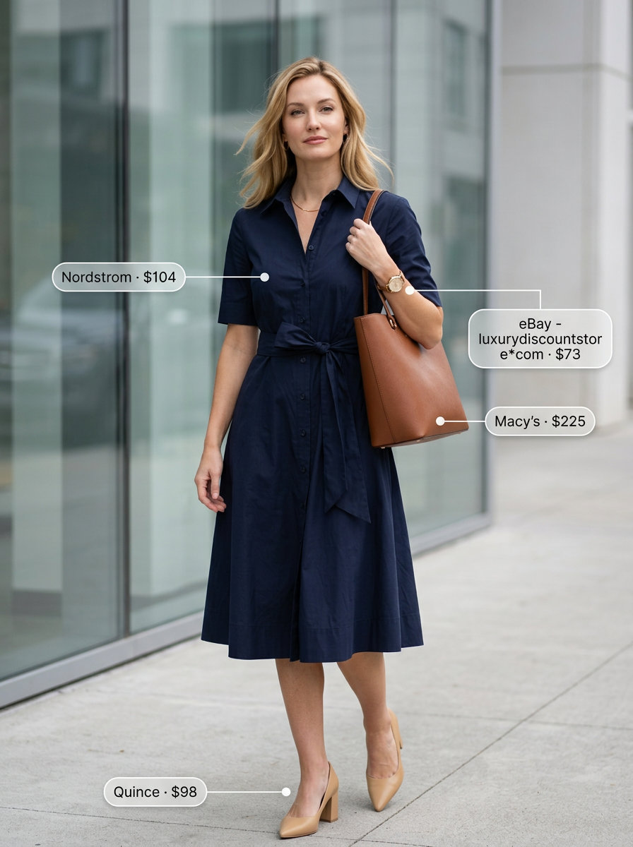 Polished navy blue shirtdress outfit for summer workwear with tan block heels and a structured tote.