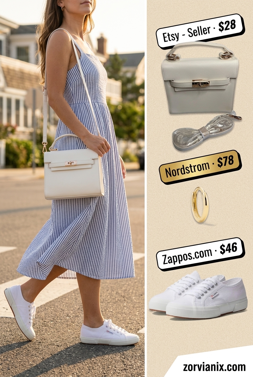 Playful blue and white seersucker sundress for a hot summer day with canvas sneakers and crossbody bag.