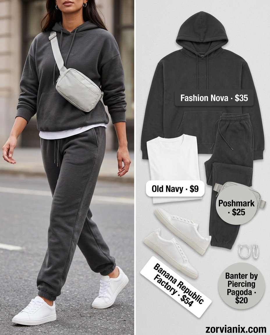 Sporty athleisure outfit for travel: charcoal grey joggers, oversized hoodie, white tee, sneakers, and grey belt bag.