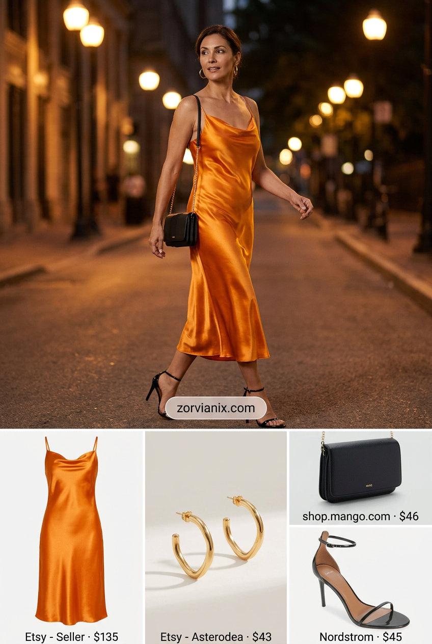 Vibrant mango orange satin slip dress for date night with black strappy heels and a mini shoulder bag.