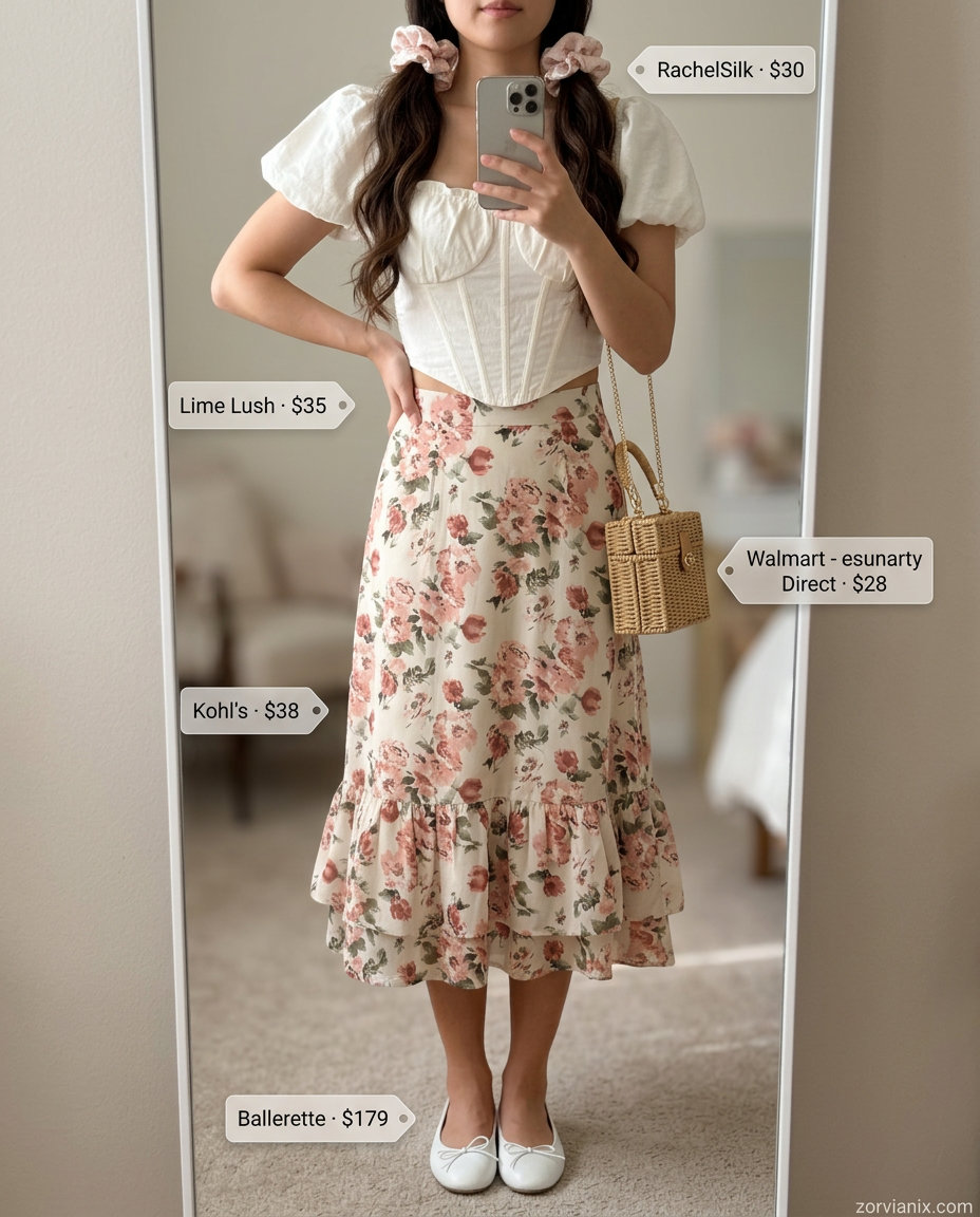 Sweetheart floral midi skirt outfit for a summer date with a puff sleeve crop top and straw bag.