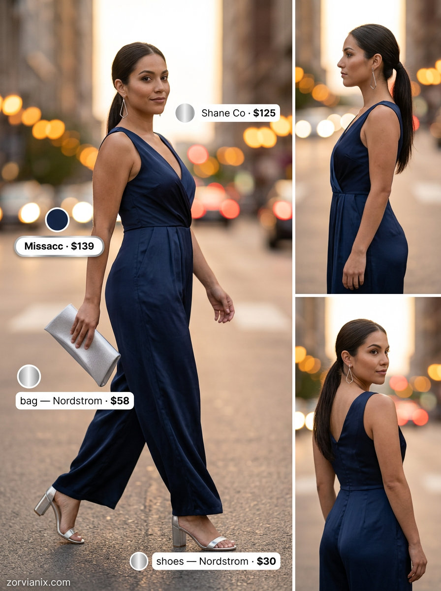 Navy wide-leg jumpsuit for best summer outfits 2026. Chic evening wear and dinner party style.