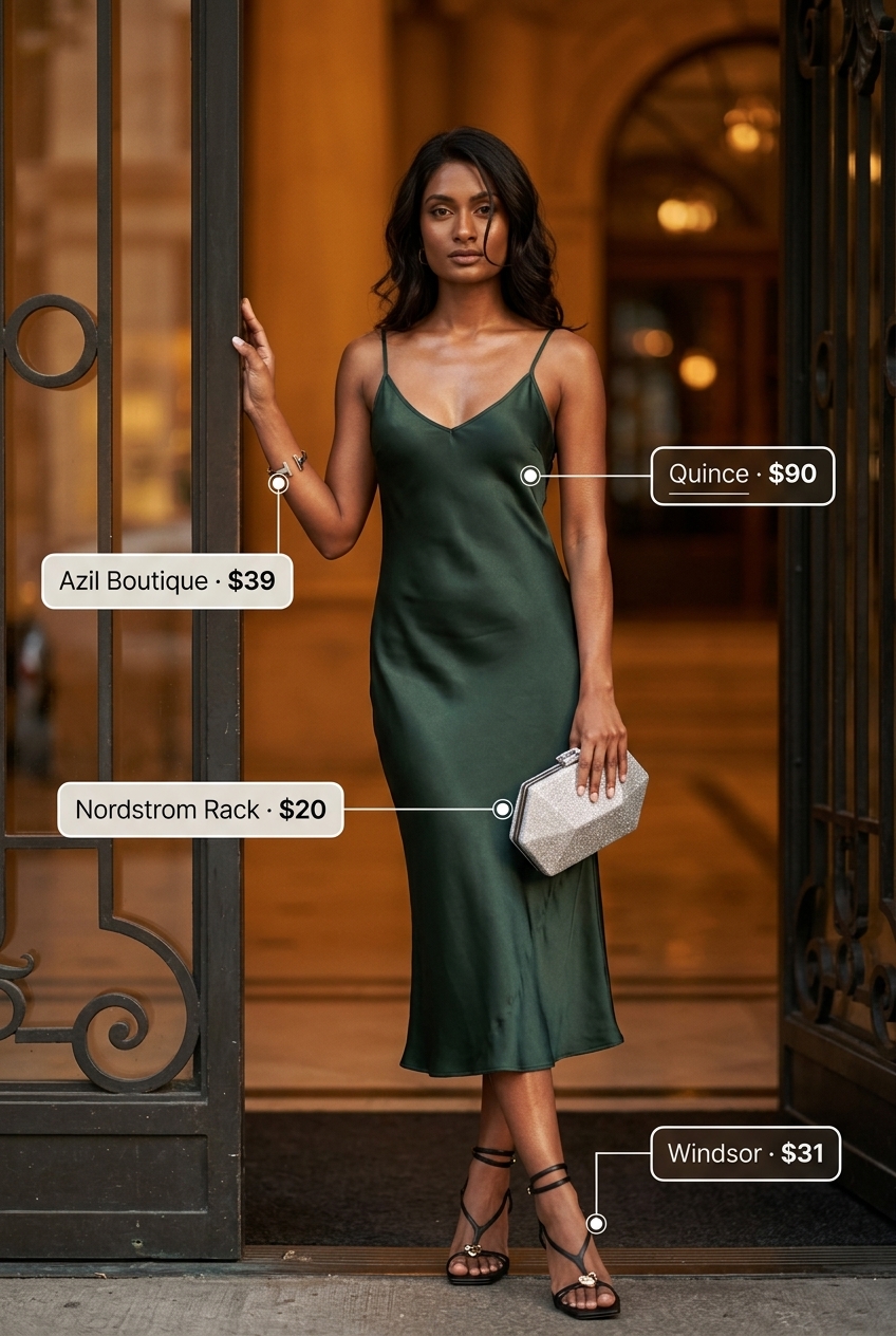 Midi slip dress outfit 2026: Emerald green slip dress, black heels, metallic clutch, silver bracelet for cocktail party.