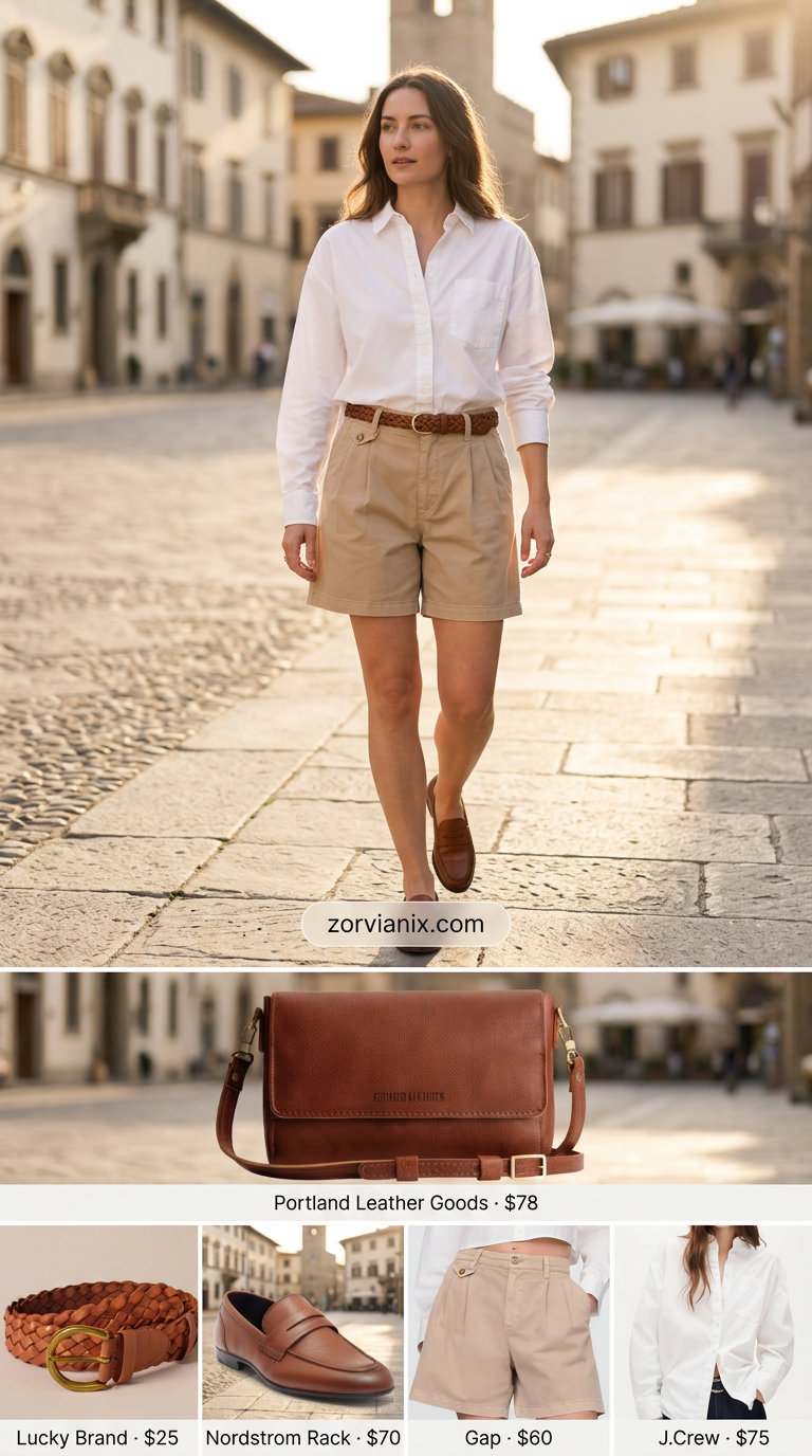 Chino shorts outfit 2026: White button-down shirt, khaki chino shorts, loafers, crossbody bag for smart casual lunch.
