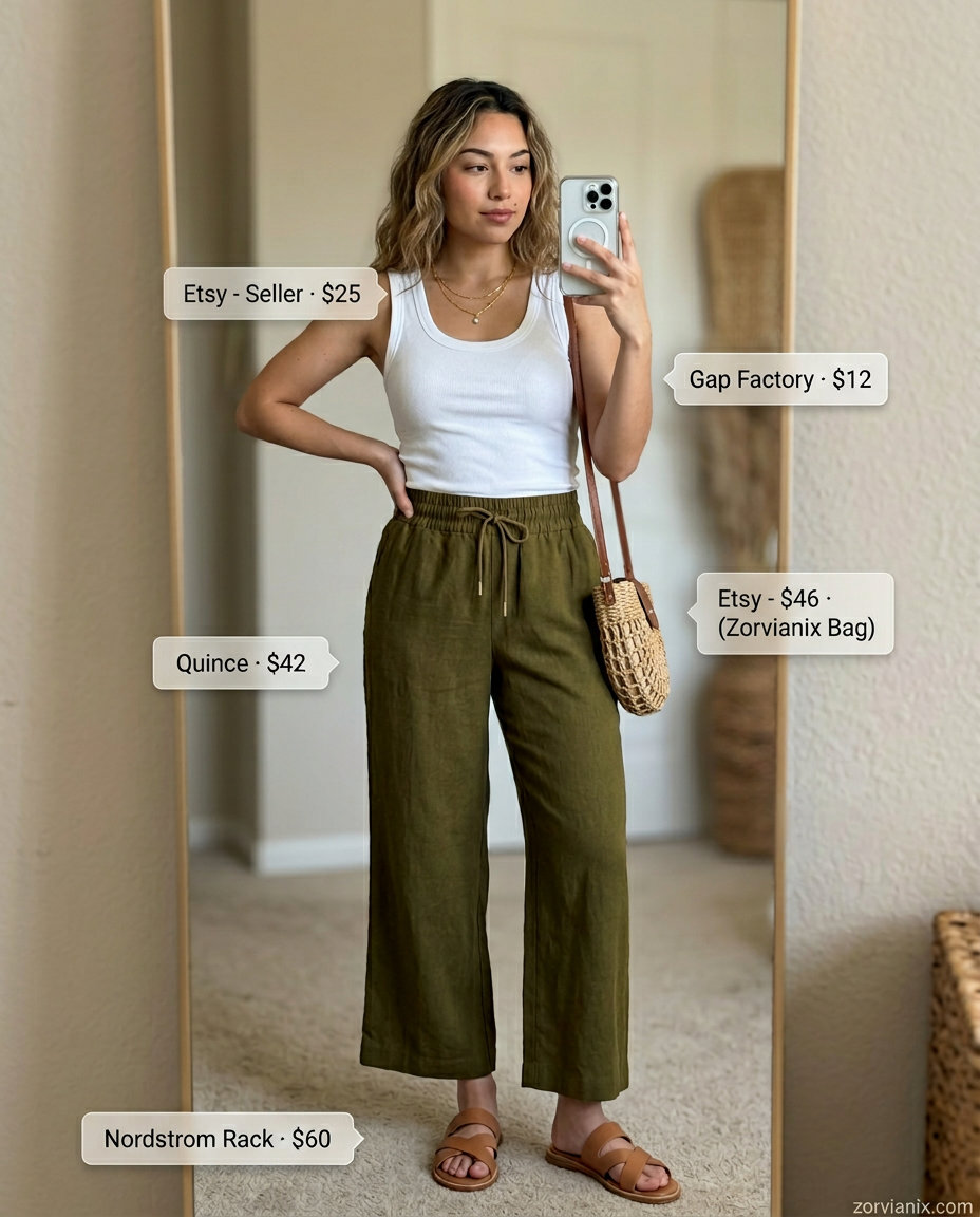 Linen pants outfit 2026: Sage green linen pants, cream tank top, leather sandals, straw bag for beach day.