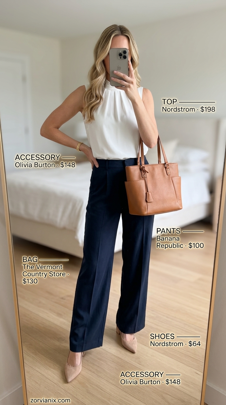 Wide-leg trousers outfit 2026: Navy trousers, white blouse, block heels, tote bag for office or business meeting.