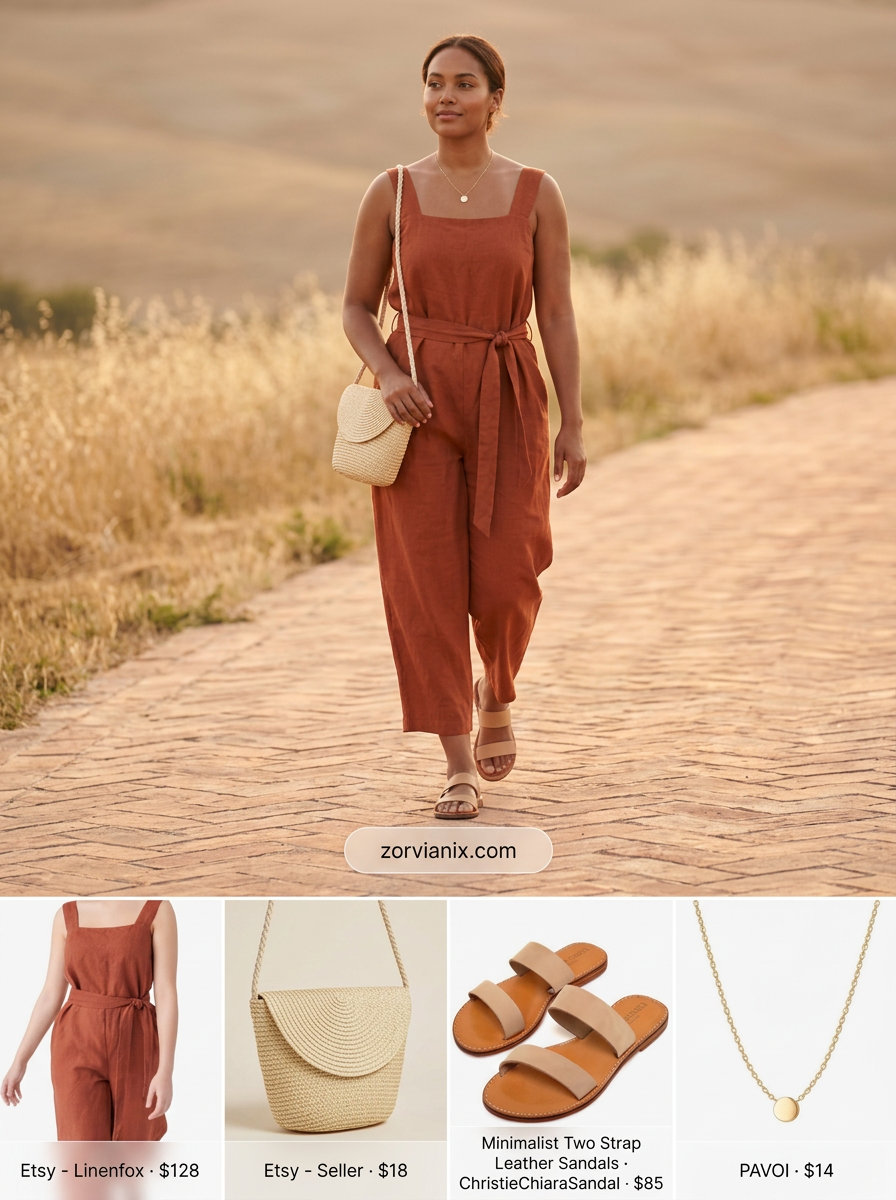 Jumpsuit outfit 2026: Terra cotta wide-leg jumpsuit, straw bag, flat sandals, gold necklace for daytime event.