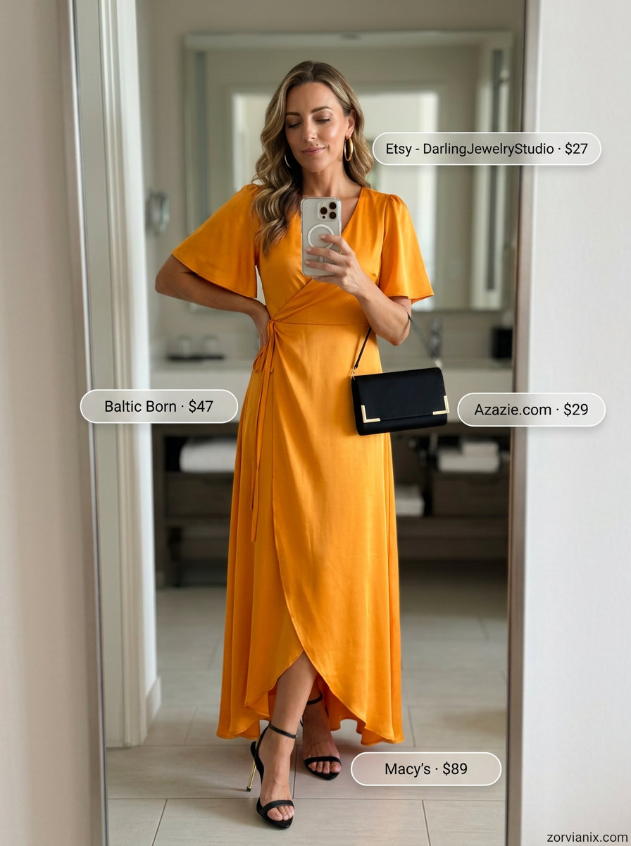 Maxi dress outfit 2026: Mango orange wrap dress, black sandals, clutch, gold earrings for summer date night.