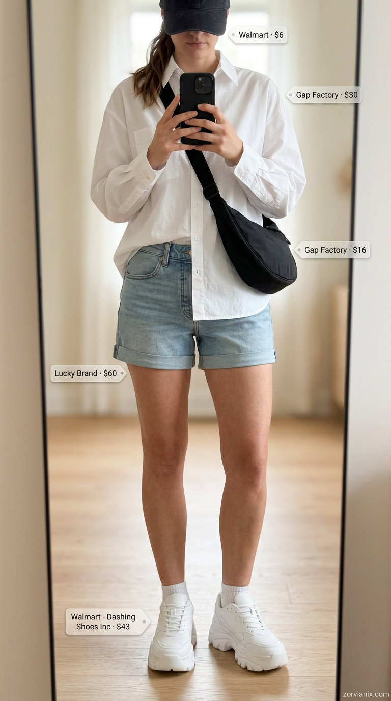 Denim shorts outfit 2026: White oversized shirt, denim shorts, chunky sneakers, baseball cap for casual day out.