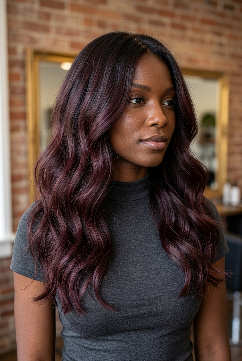 long espresso brunette hair color with black cherry melt, violet-red undertones, for summer