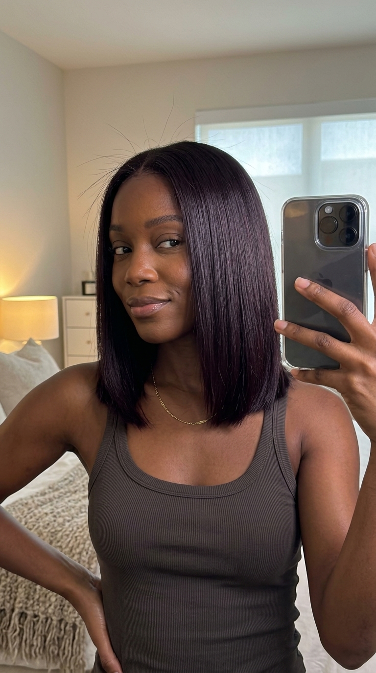 long espresso brunette all-over with black cherry violet-red reflects, intense color for summer