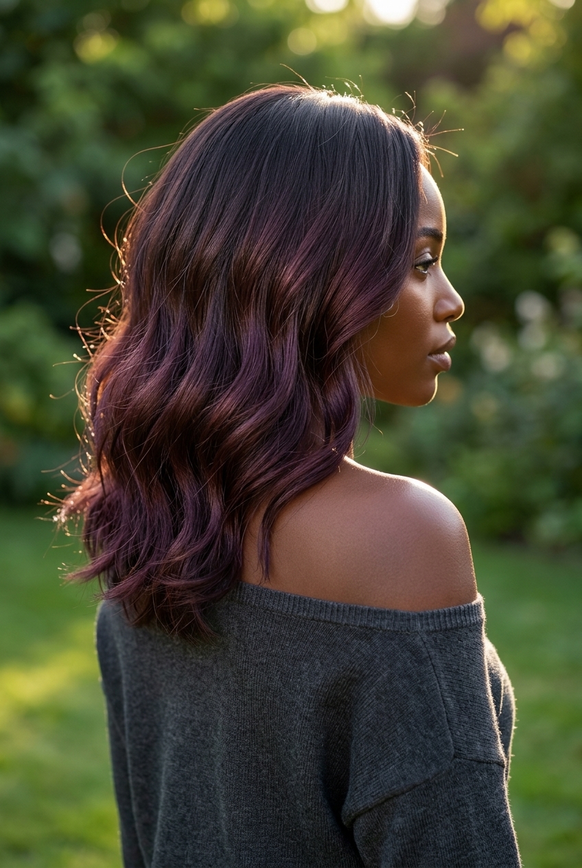 long espresso brunette melt with violet-red undertones, seamless color blend for summer