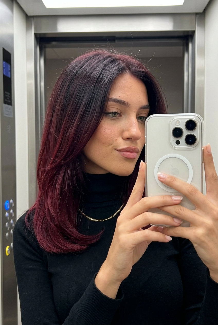 long flowing layered midnight brunette with black cherry ombré, seamless color melt, no fringe — romantic date night