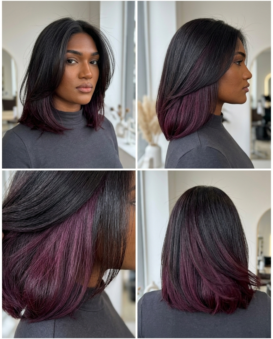 medium black cherry peekaboo underneath with violet-red, undercut color, no fringe — edgy summer night