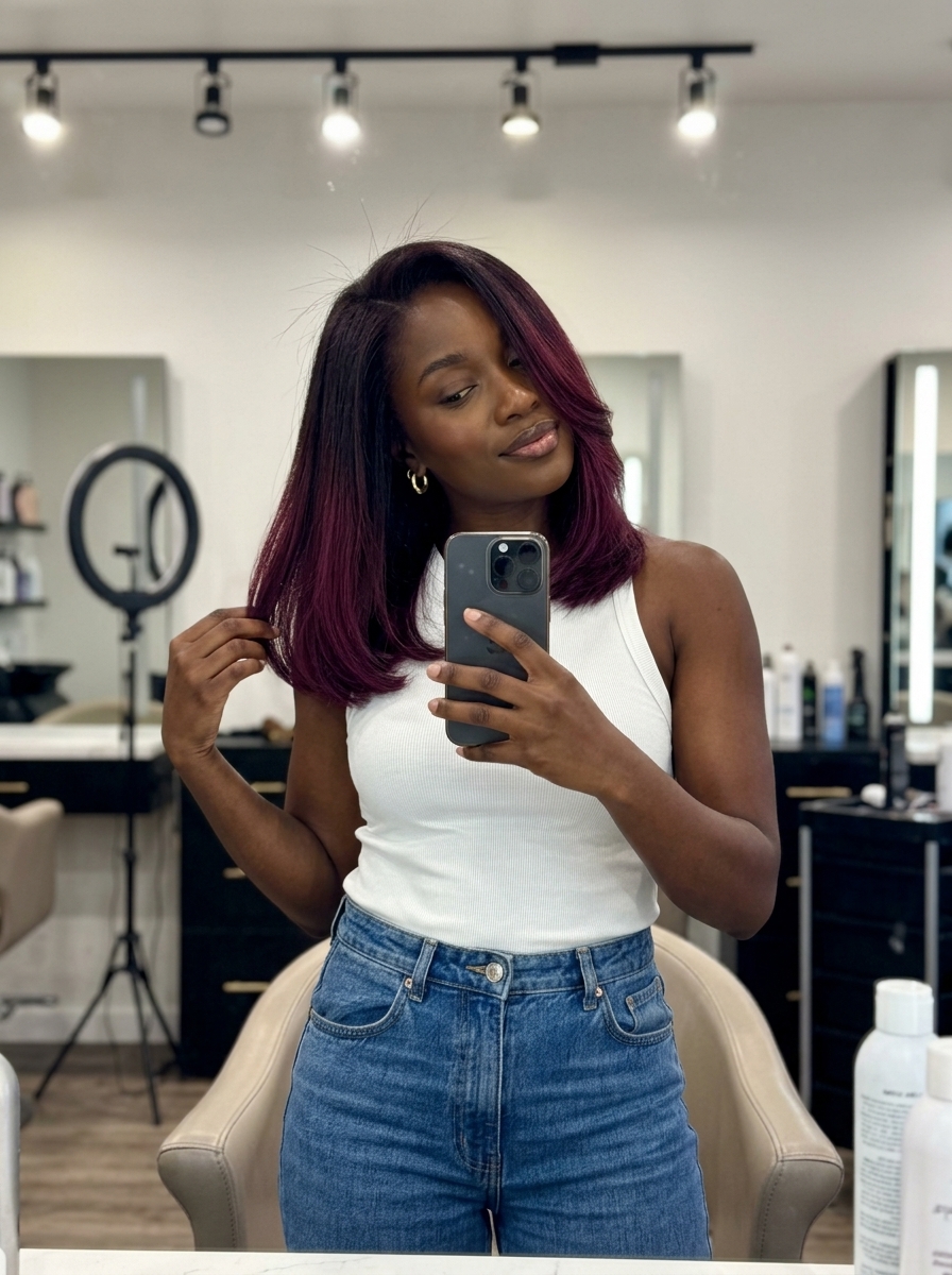 long black cherry to dark plum ombre with cool violet undertones, diffused melt — mysterious date night