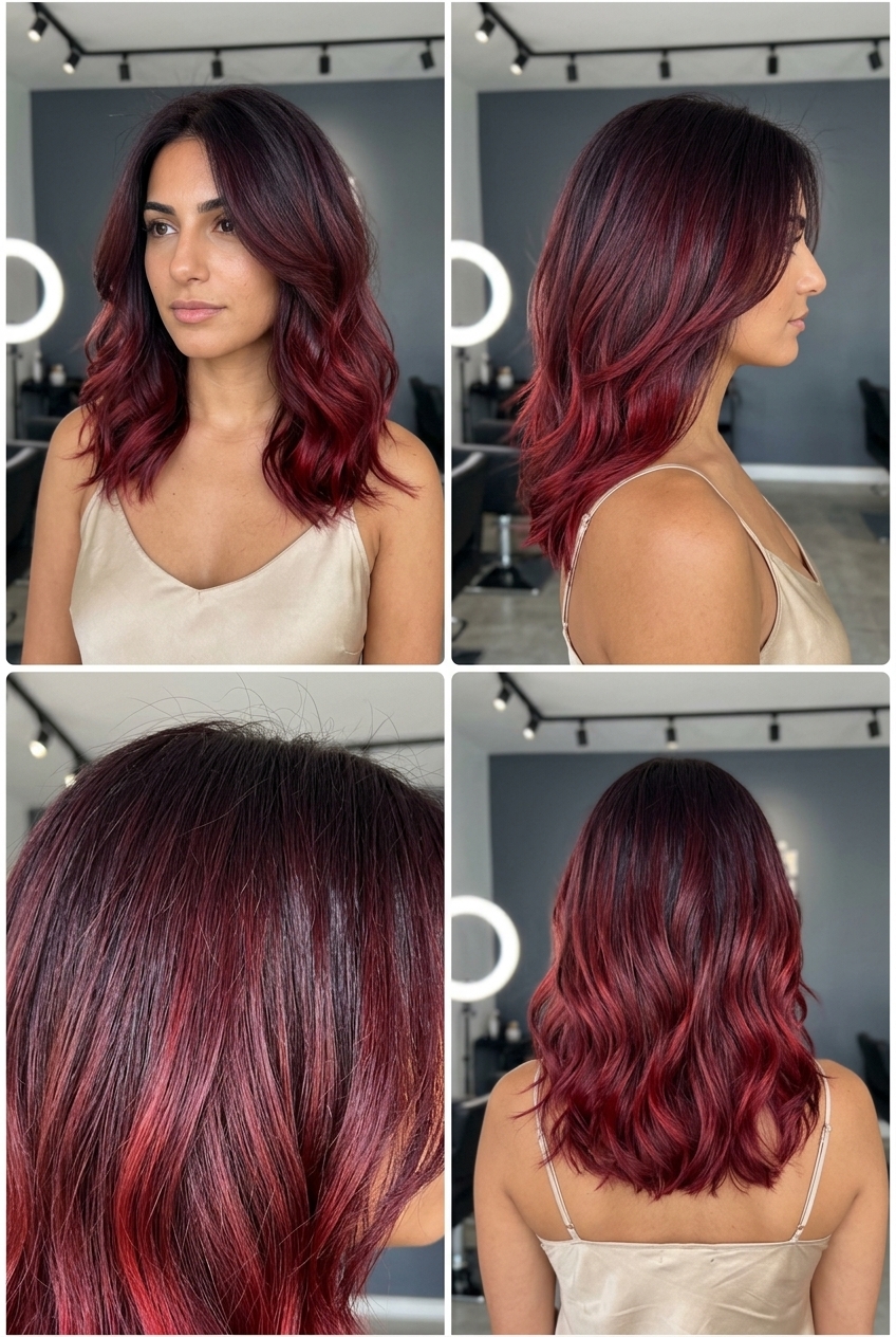 wavy lob with black cherry to crimson color melt, violet-red root, no fringe — edgy evening event