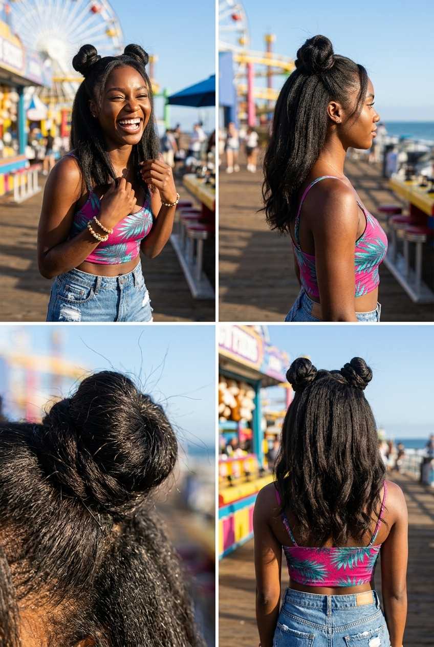 medium natural black half-up space buns with no fringe — playful festival style