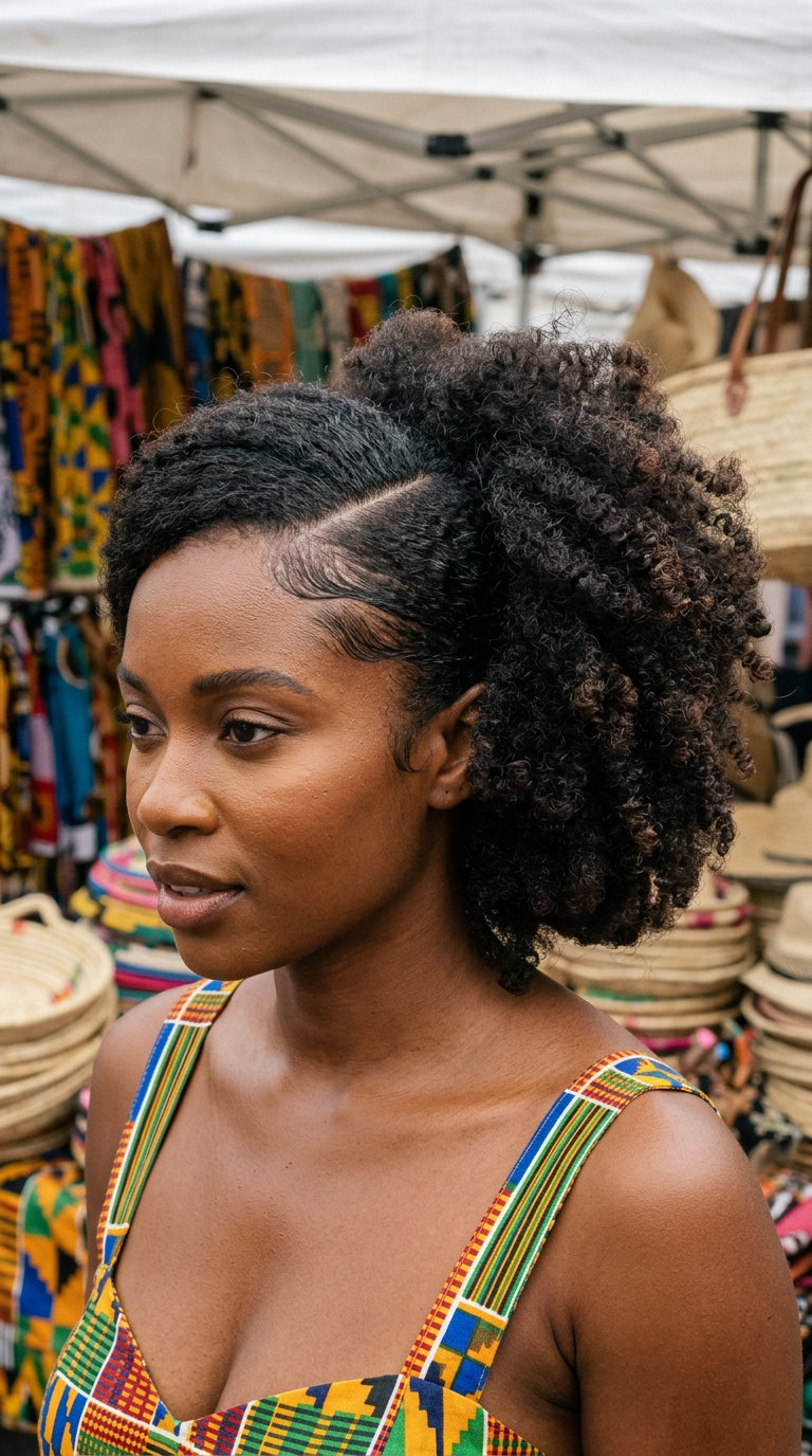 short natural black sculptural side puff with deep side part and laid edges — artistic workwear