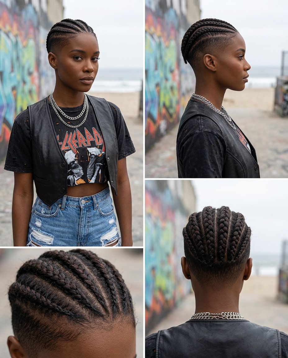 very short black braided pixie cut with tight cornrows and clipper fade for edgy look