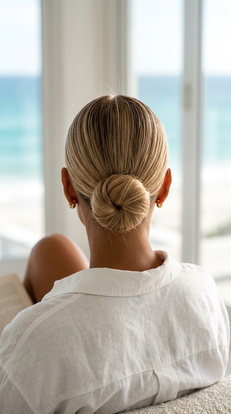 long blonde low bun with bright face-framing for minimalist look