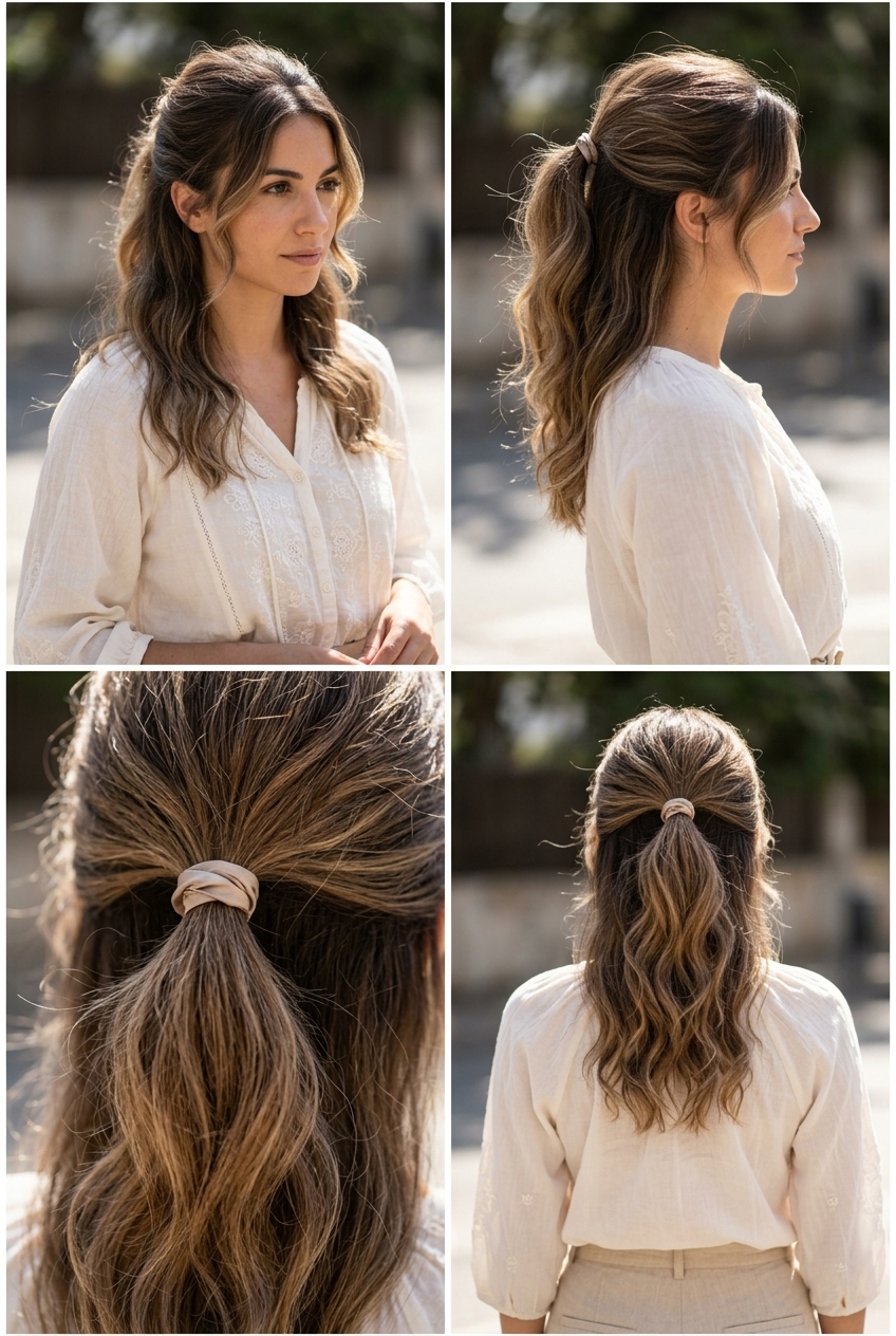 medium half-ponytail with sun-kissed blonde color, loose waves, face-framing pieces — effortless beach look