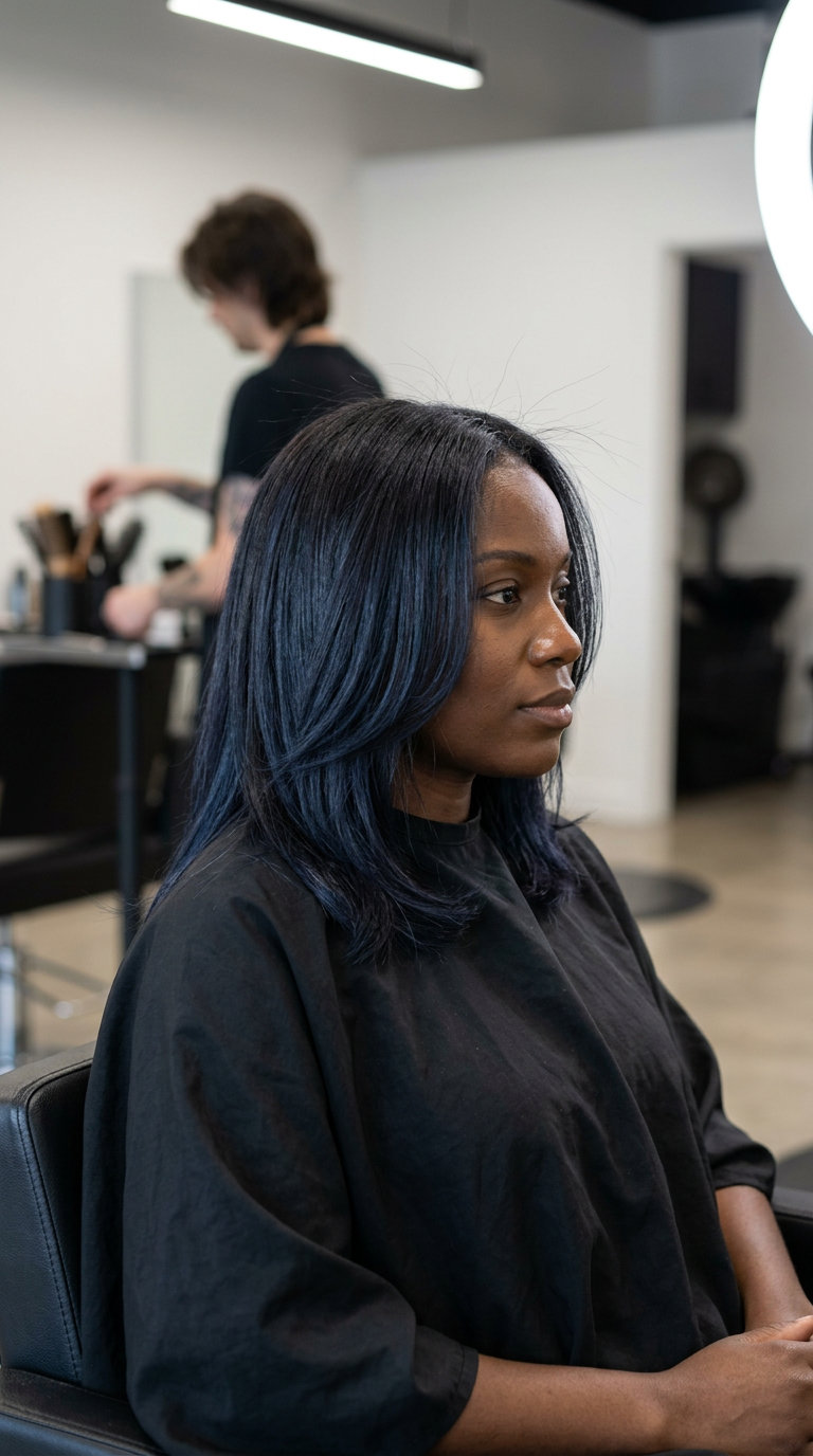 long textured layered midnight brunette with blue-black balayage, subtle indigo ribbons, no fringe — edgy weekend casual