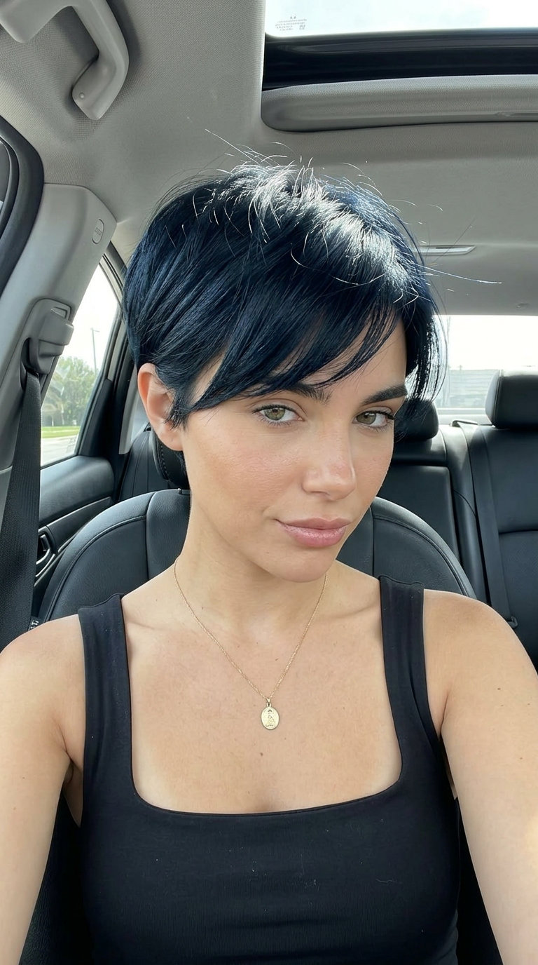 short blue-black pixie haircut with sculpted texture and side-swept fringe for confident style