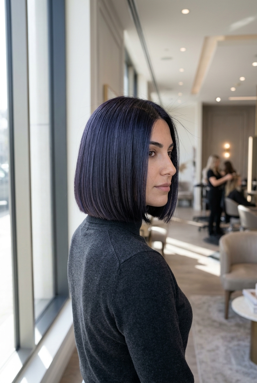 long blue-velvet midnight haircut with cool blue-violet sheen, all-over solid color, for sophisticated edgy events