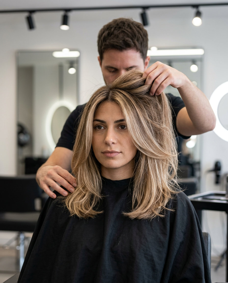 long layered bronde balayage with honey caramel, air touch technique — soft & natural
