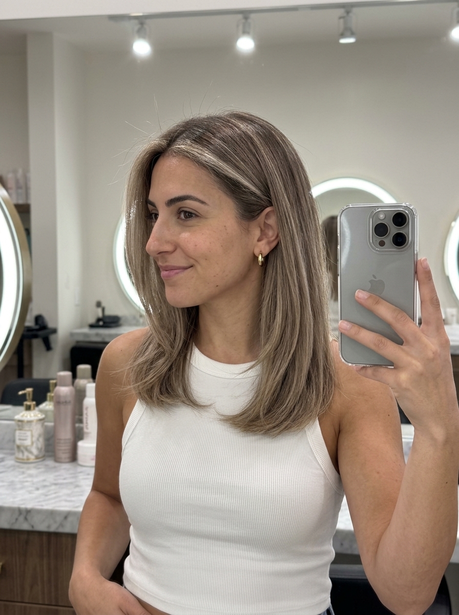 medium-length layered bob hair color with cool bronde, micro-babylights, no fringe — effortless summer vacation