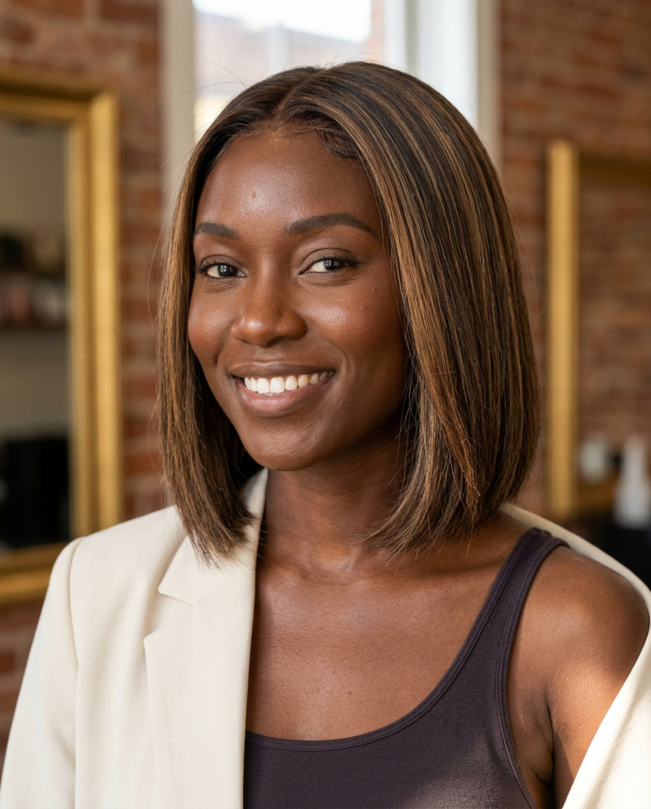 long layered hair with neutral brown, caramel, chocolate, Reverse Air Touch lowlights — sophisticated depth