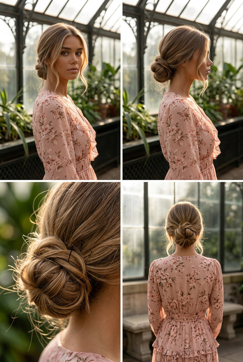 long natural brunette textured chignon with tendrils for wedding guest