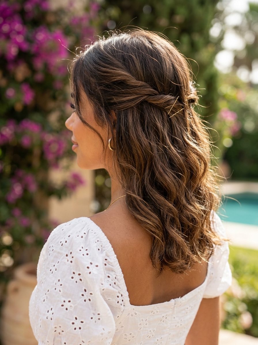 long brunette half-up twist with warm highlights for summer date night
