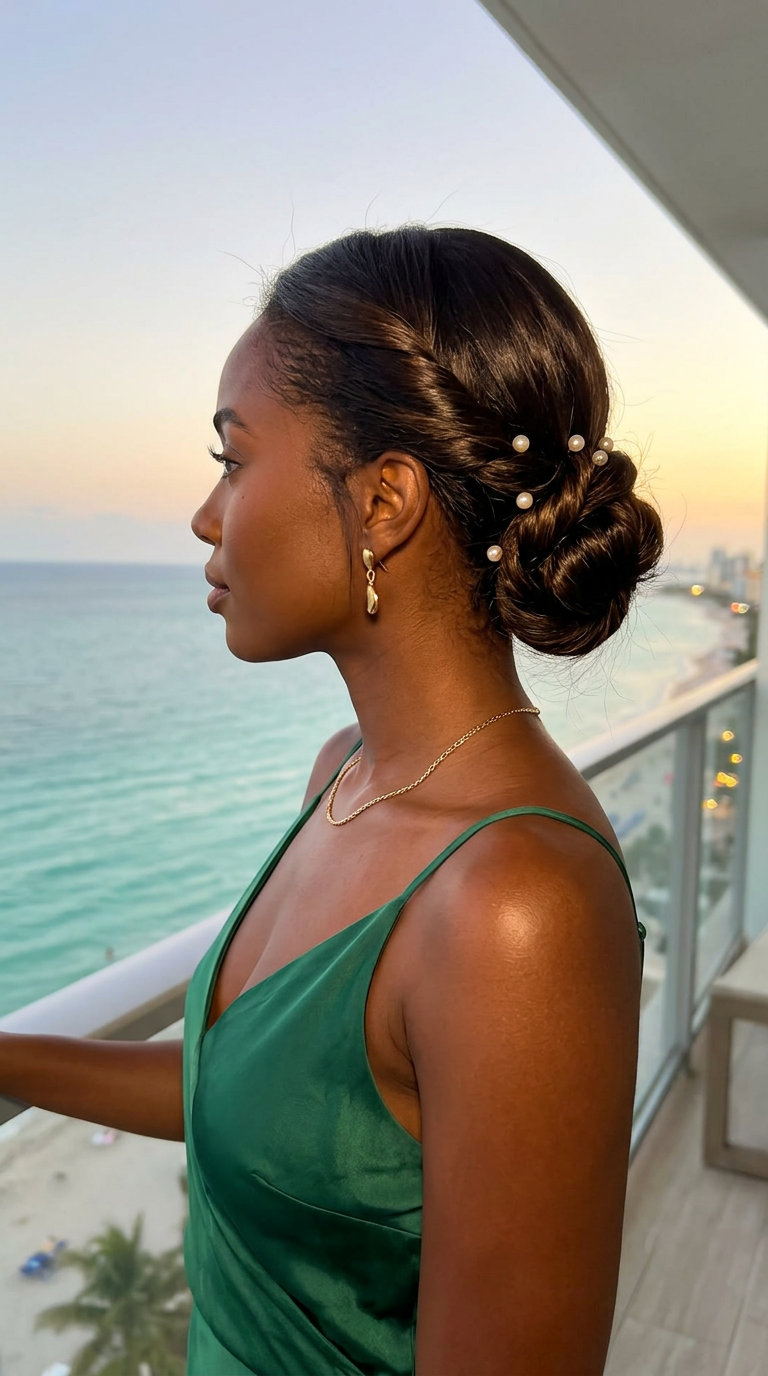 medium deep espresso brunette twisted chignon with pearl accents and side part — elegant formal event