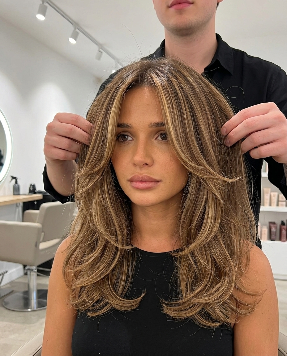 medium haircut in deep brunette with caramel honey balayage and soft face-framing layers