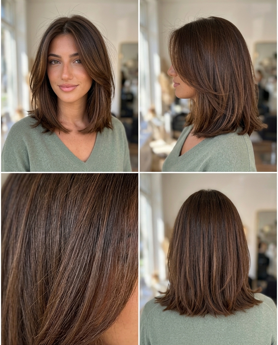 medium lob haircut with natural brunette color, point-cut ends, and subtle layers for an effortless look