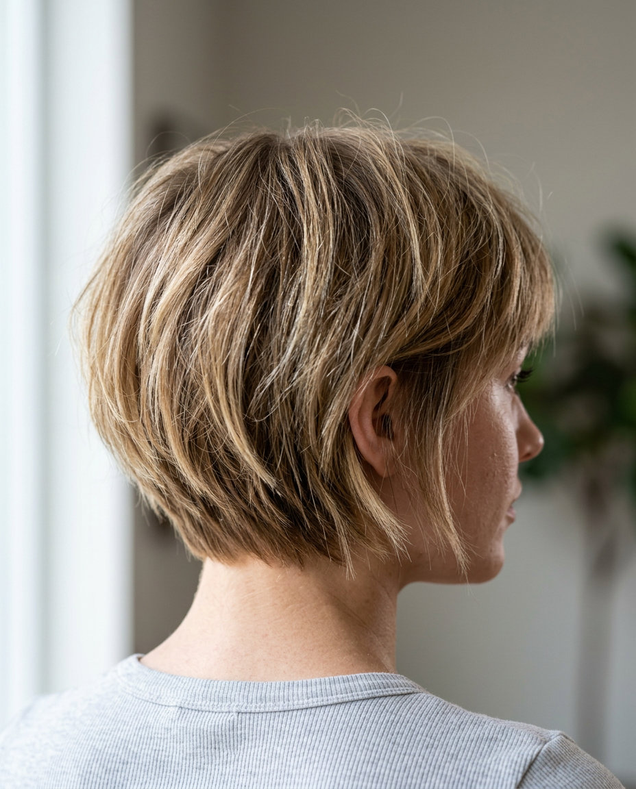 short bob haircut with warm brunette & golden babylights, textured bixie cut for edgy look