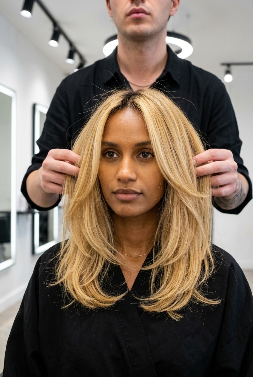 long butter blonde balayage with golden honey highlights, sun-kissed effect, no fringe — vacation ready