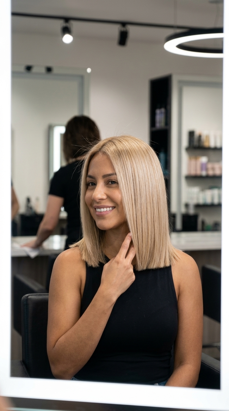 sleek blunt lob with creamy butter blonde all-over, subtle gold undertones, no fringe — luminous casual brunch